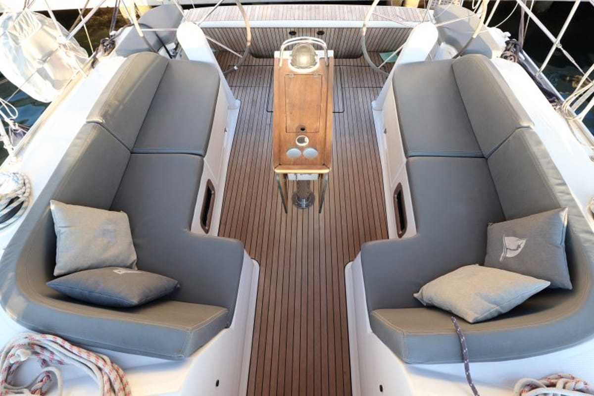 Cockpit of Sherdana, a Bavaria Cruiser 46 sailboat at Castellammare di Stabia, Italy