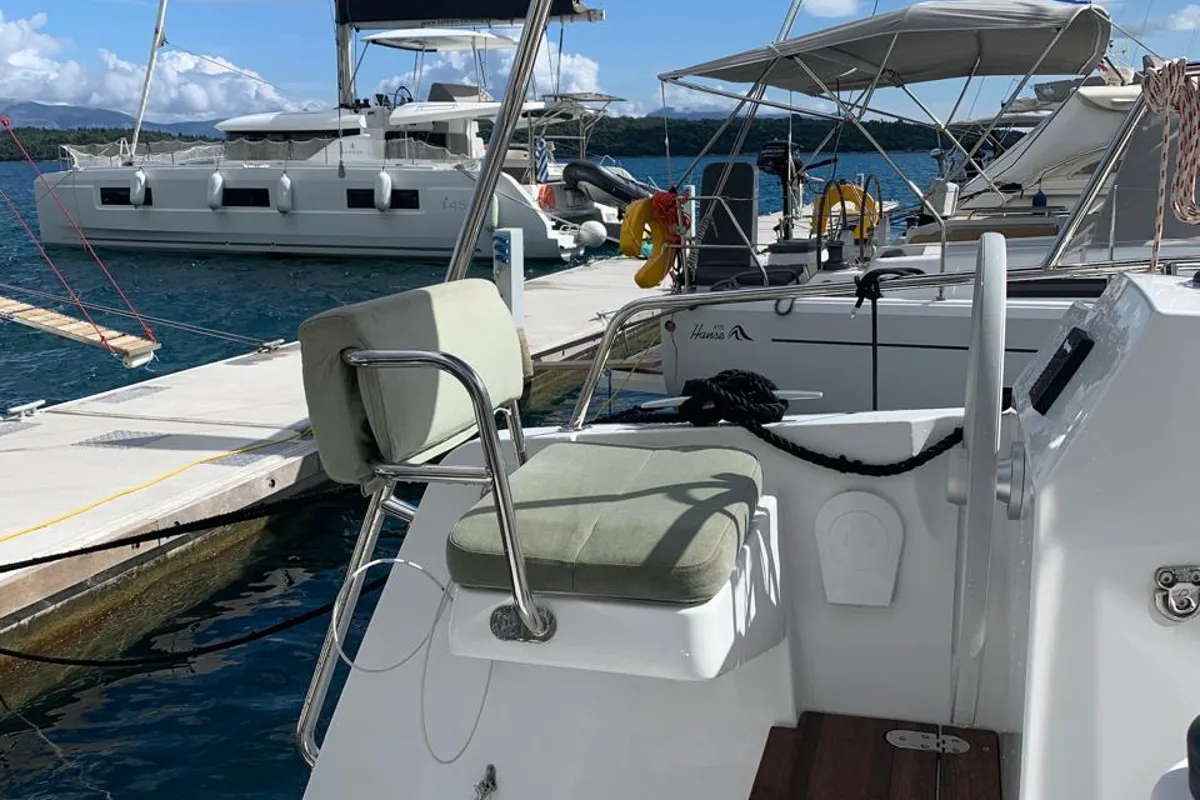 Cockpit of Timeless, a Bali Catsmart catamaran at Municipal Unit of Ellomenos, Greece