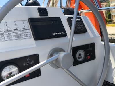 Cockpit of Timeless, a Bali Catsmart catamaran at Municipal Unit of Ellomenos, Greece
