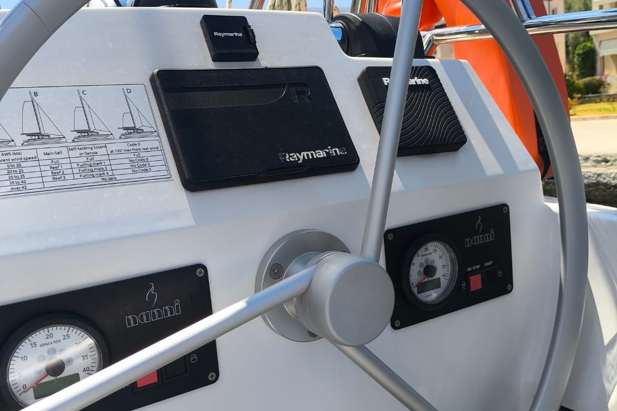 Cockpit of Timeless, a Bali Catsmart catamaran at Municipal Unit of Ellomenos, Greece