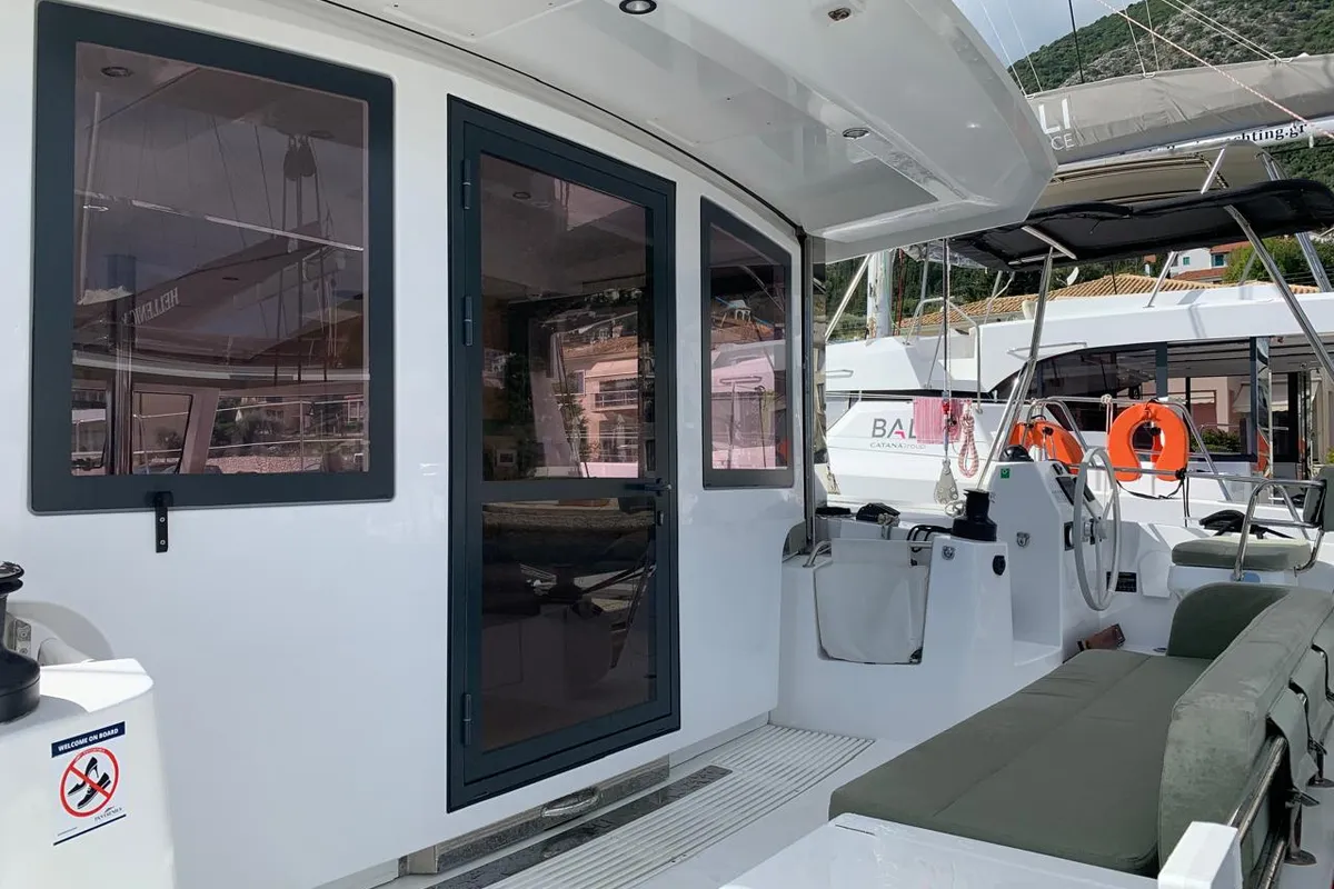 Cockpit of Timeless, a Bali Catsmart catamaran at Municipal Unit of Ellomenos, Greece
