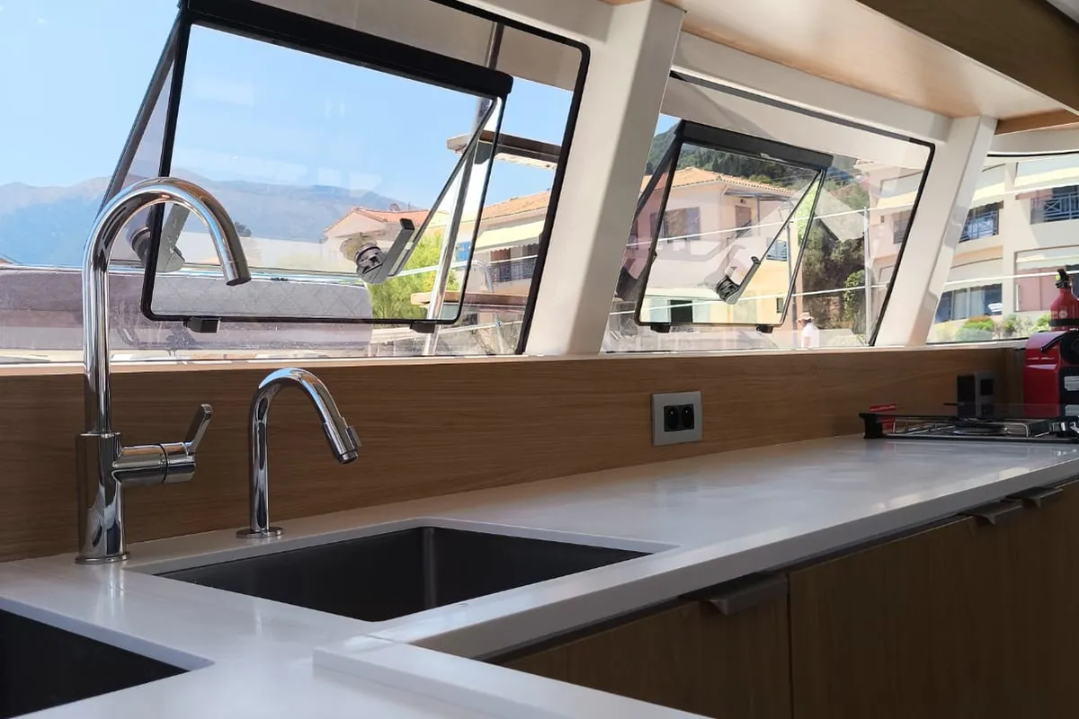Galley of Timeless, a Bali Catsmart catamaran at Municipal Unit of Ellomenos, Greece