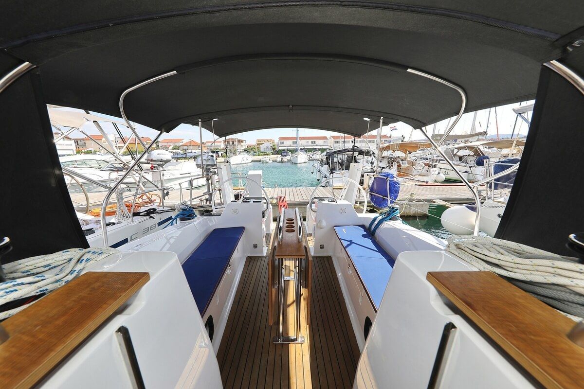 Deck of Valata, a Elan Impression 40.1 sailboat at Pirovac, Croatia