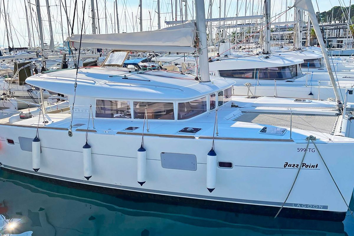 Exterior view of Jazz Point, a Lagoon 400 catamaran at Split, Croatia