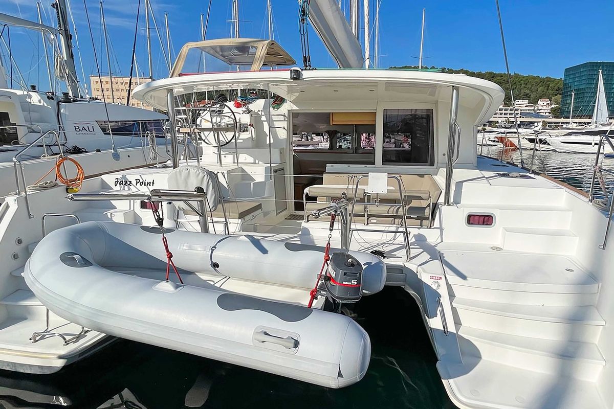 Exterior view of Jazz Point, a Lagoon 400 catamaran at Split, Croatia