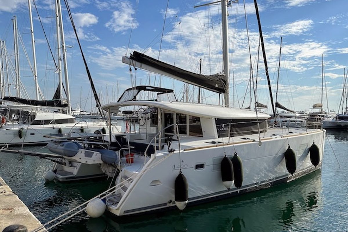 Exterior view of Stefania, a Lagoon 400 S2 catamaran at Athens, Greece