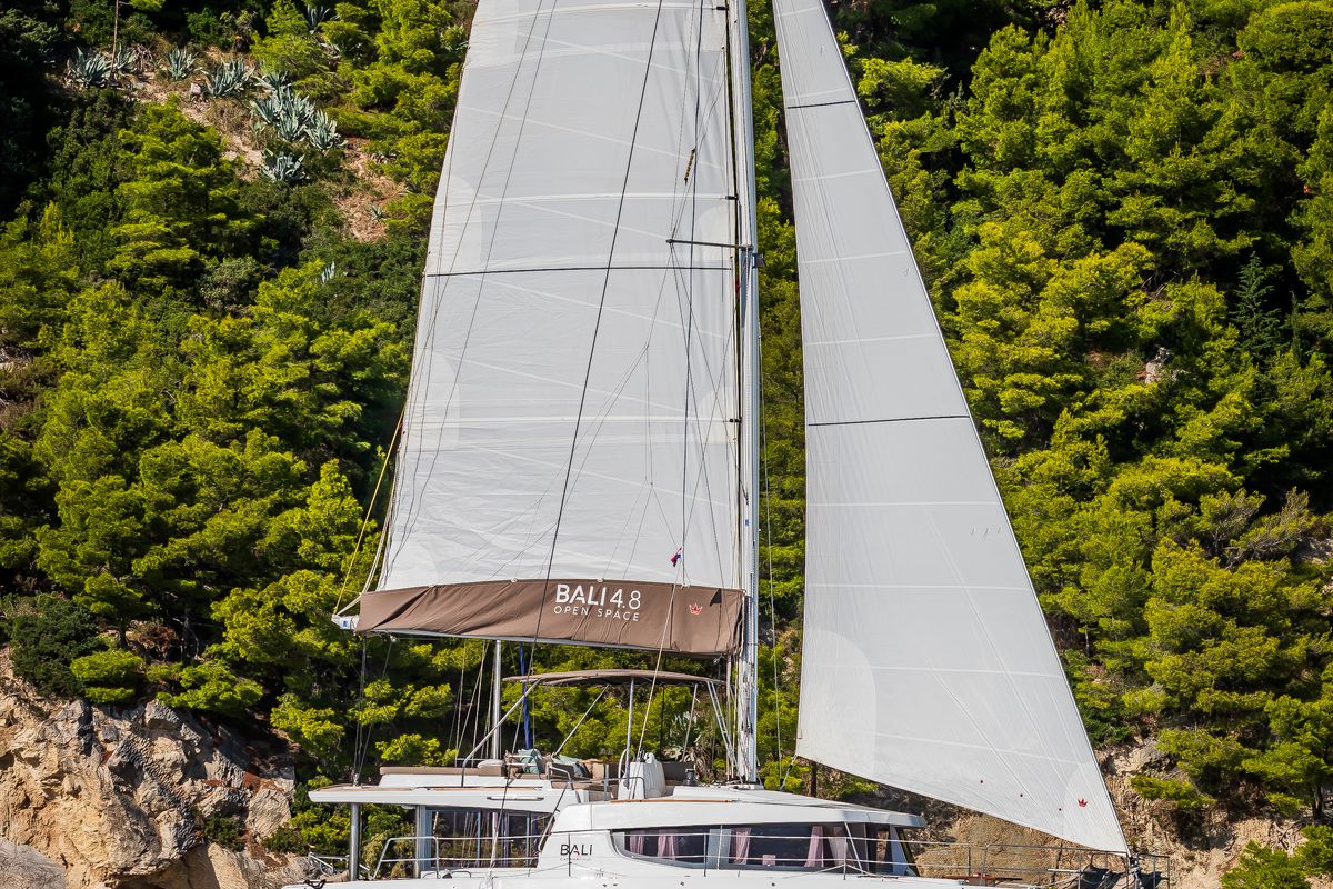 Exterior view of Bon Vivant, a Bali 4.8 catamaran at Grad Kaštela, Croatia