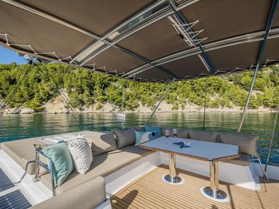 Deck of Bon Vivant, a Bali 4.8 catamaran at Grad Kaštela, Croatia