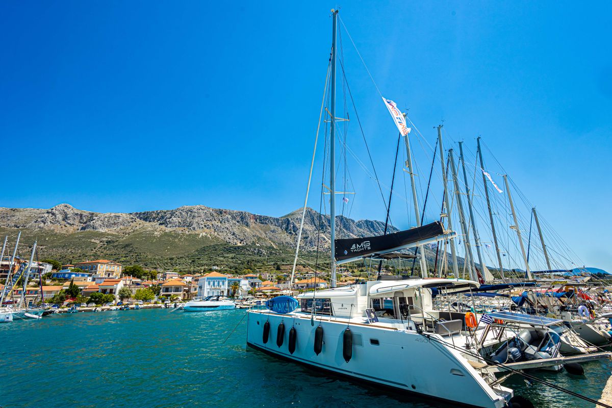 Exterior view of Mary One, a Lagoon 450 F catamaran at Municipal Unit of Palairos, Greece