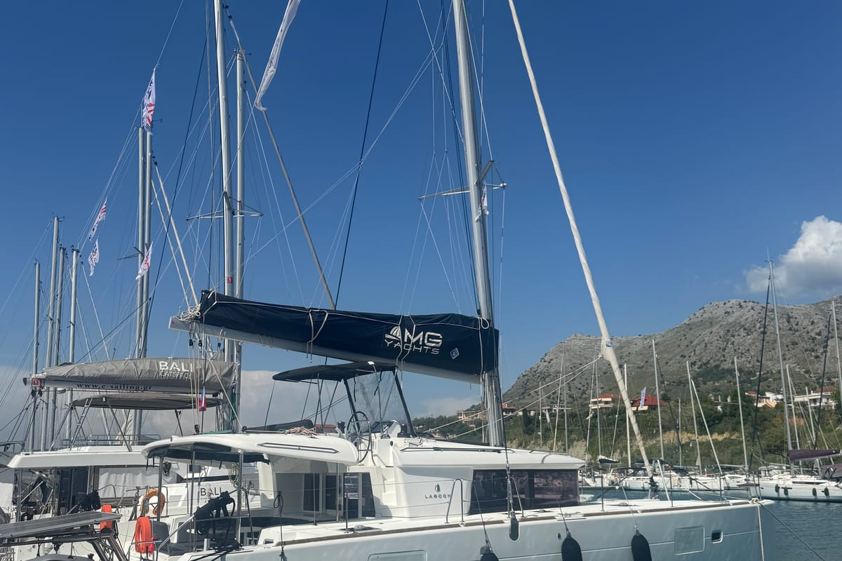 Exterior view of Mary One, a Lagoon 450 F catamaran at Municipal Unit of Palairos, Greece
