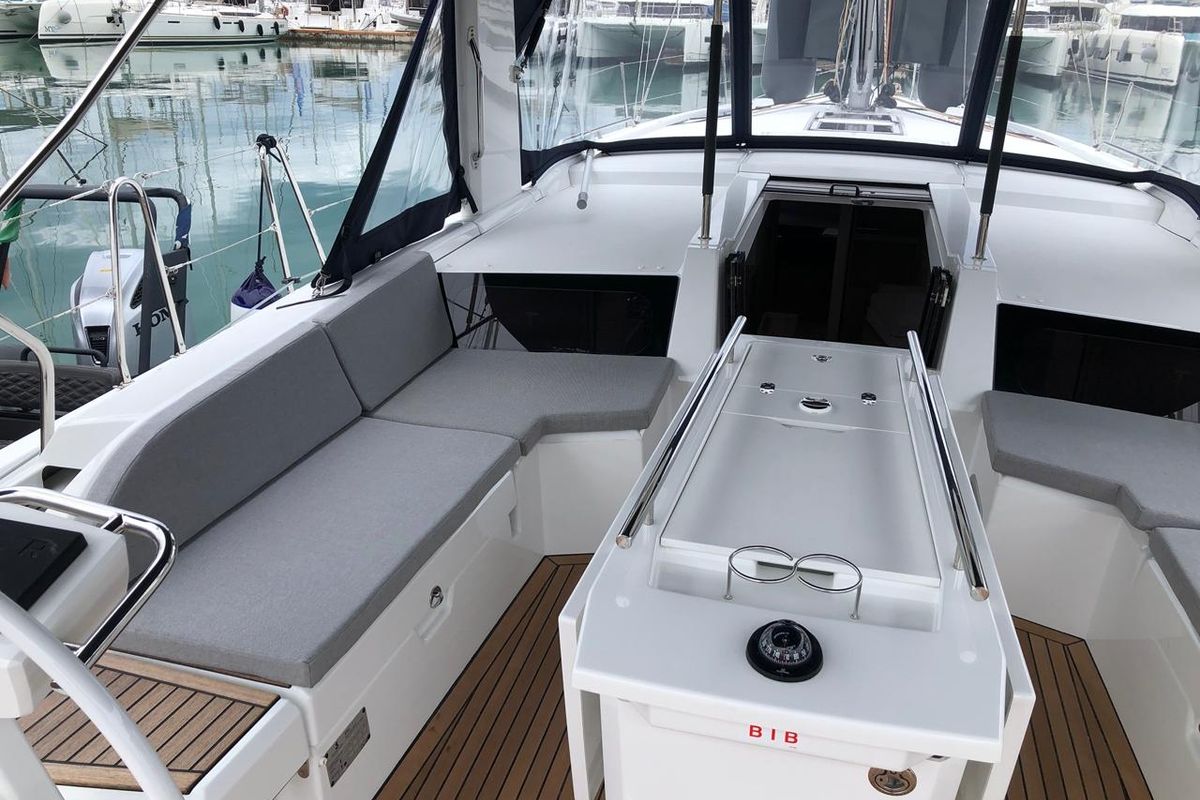 Cockpit of Callisto, a Beneteau Oceanis 46.1 sailboat at Salerno, Italy