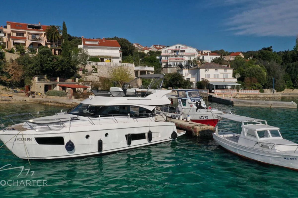 Spaceship, a Bavaria Virtess 420 Fly yacht at Punat, Croatia