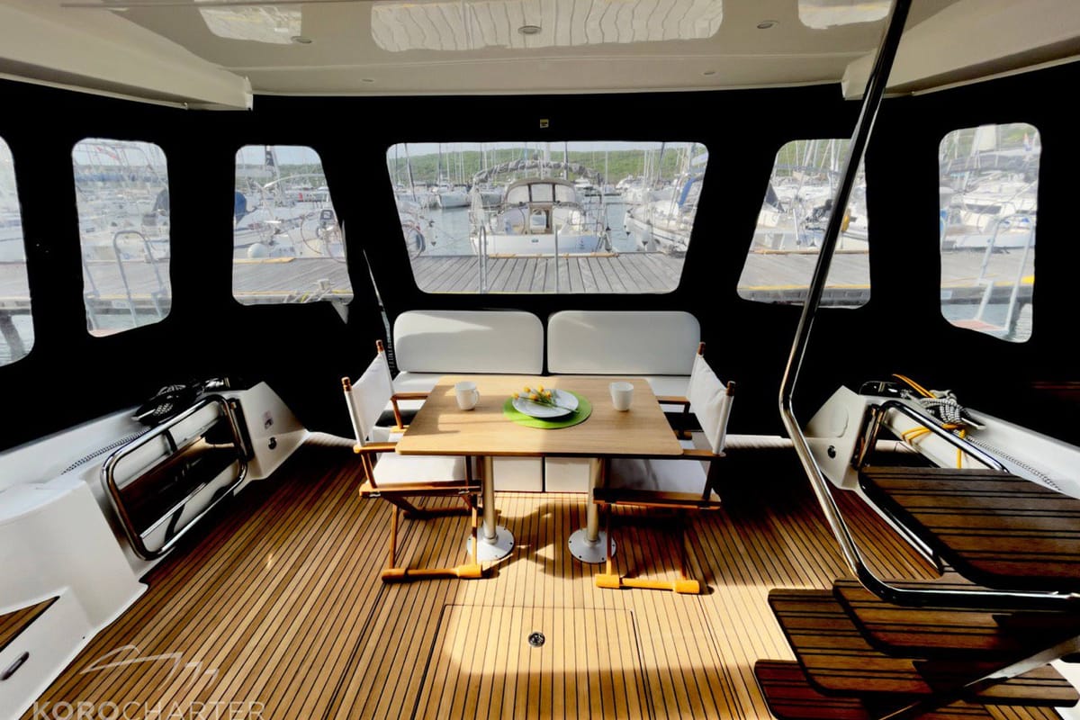 Spaceship, a Bavaria Virtess 420 Fly yacht at Punat, Croatia