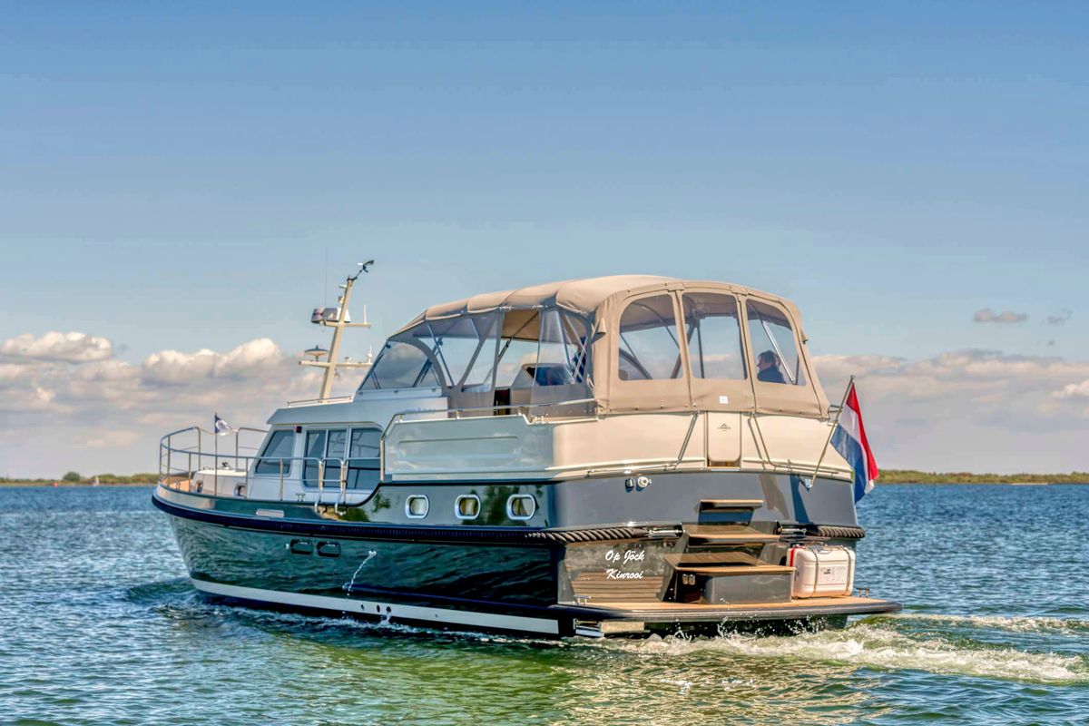 Exterior view of Op Jöck, a Gulet x-reuse motorboat at Kinrooi, Belgium
