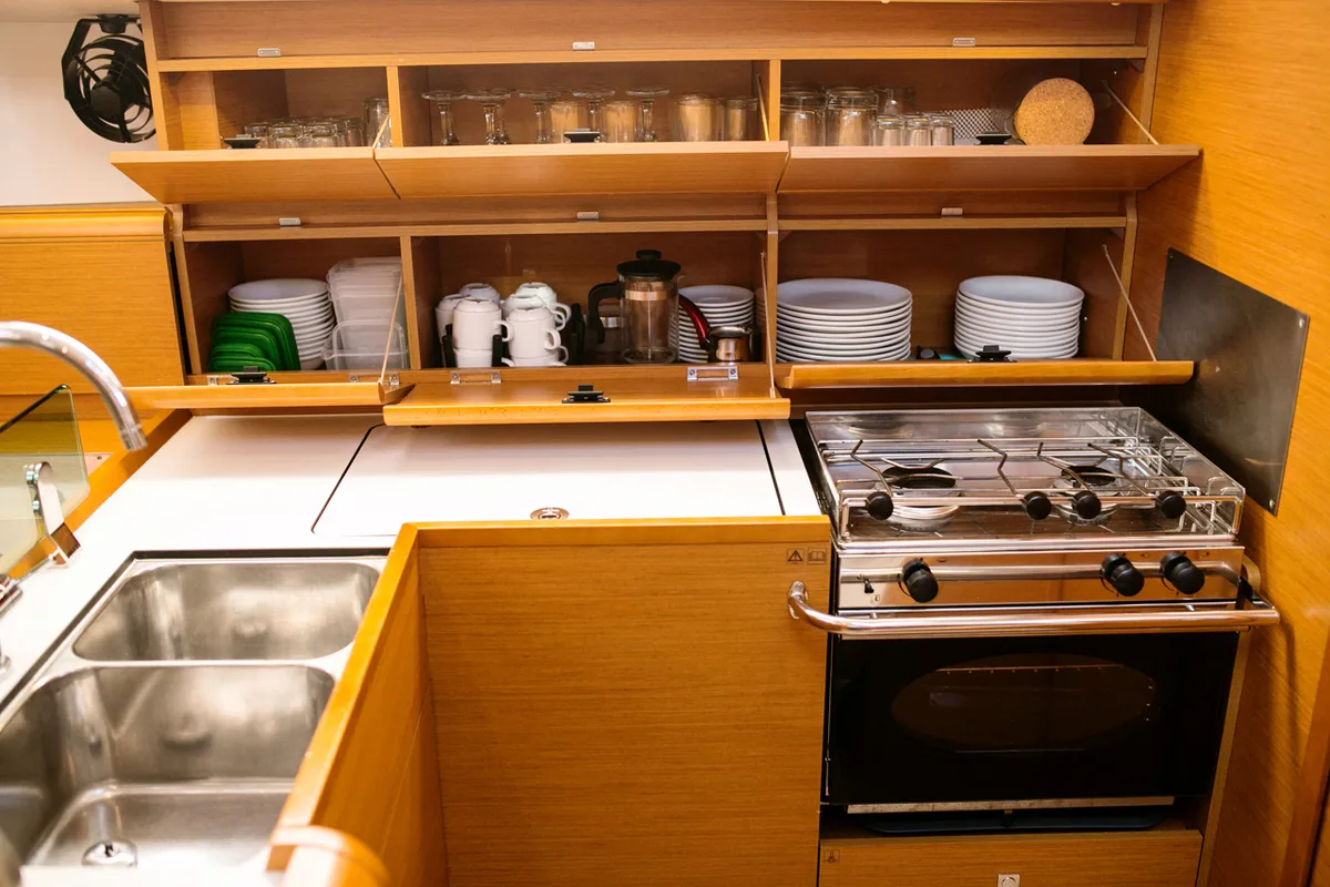 Galley of Alpha, a Jeanneau Sun Odyssey 449 sailboat at Athens, Greece