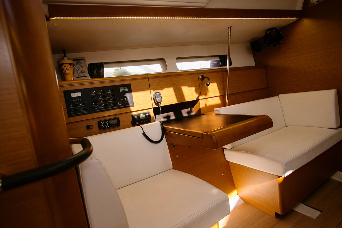 Salon of Alpha, a Jeanneau Sun Odyssey 449 sailboat at Athens, Greece