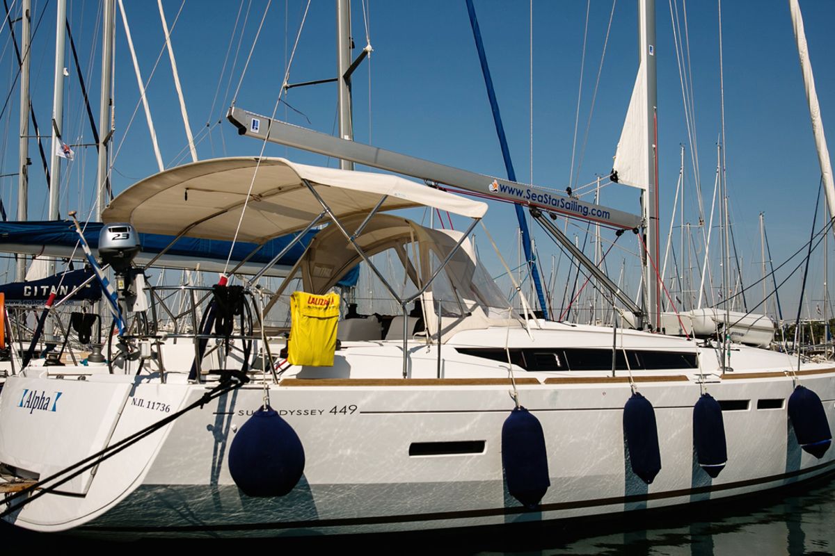Exterior view of Alpha, a Jeanneau Sun Odyssey 449 sailboat at Athens, Greece