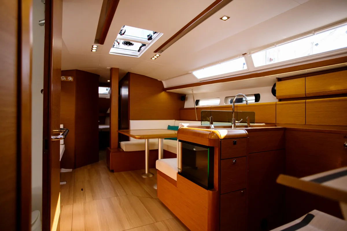 Salon of Alpha, a Jeanneau Sun Odyssey 449 sailboat at Athens, Greece