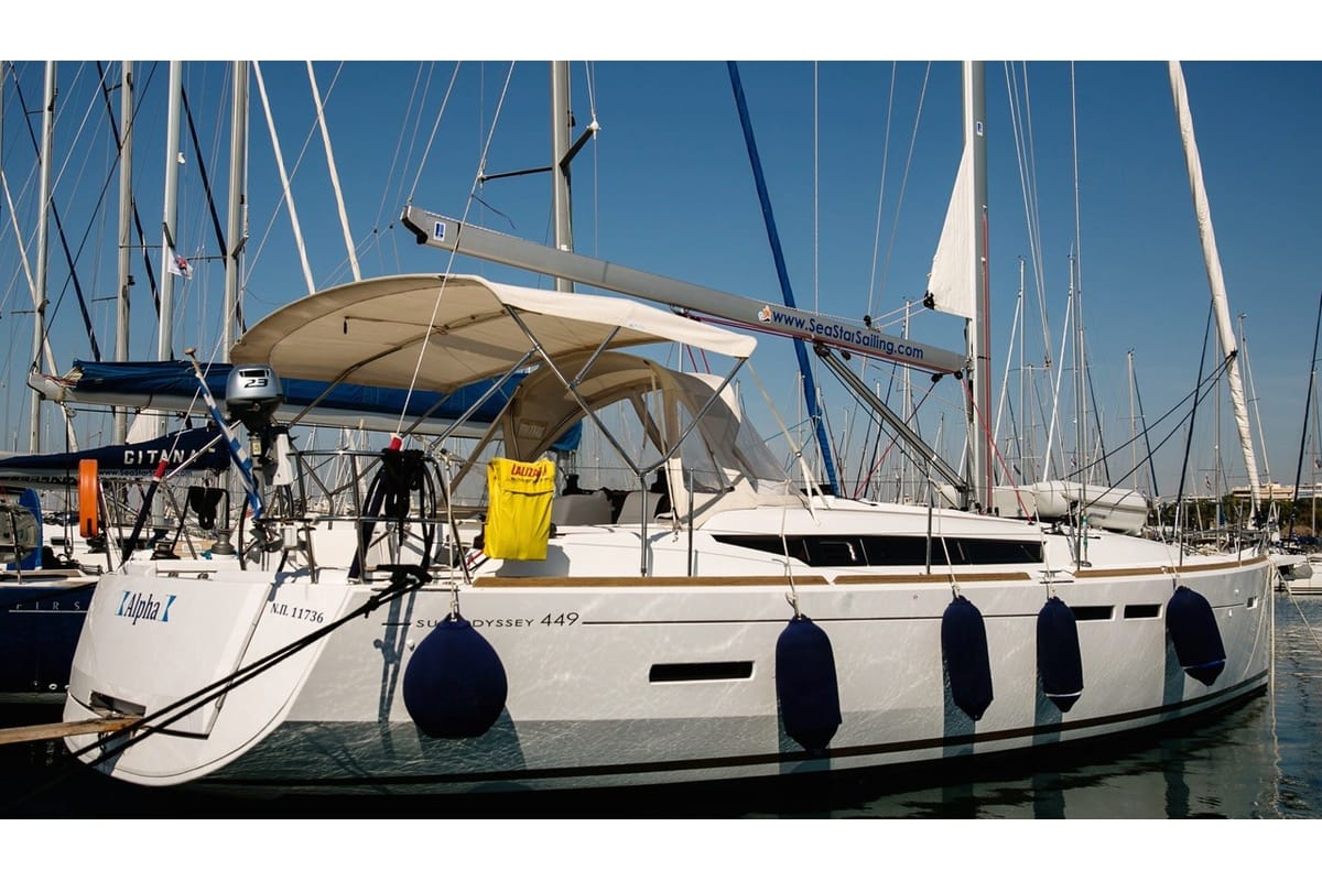 Cockpit of Alpha, a Jeanneau Sun Odyssey 449 sailboat at Athens, Greece