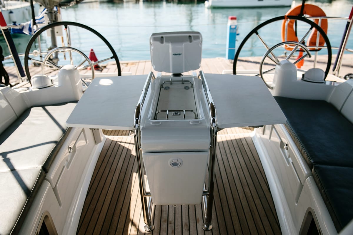 Exterior view of Alpha, a Jeanneau Sun Odyssey 449 sailboat at Athens, Greece