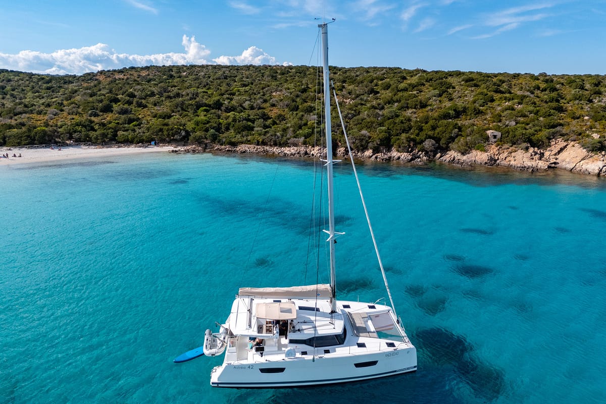 Exterior view of Amapola, a Fountaine Pajot Astrea 42 catamaran at Cannigione, Italy