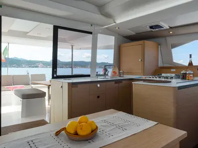 Galley of Amapola, a Fountaine Pajot Astrea 42 catamaran at Cannigione, Italy