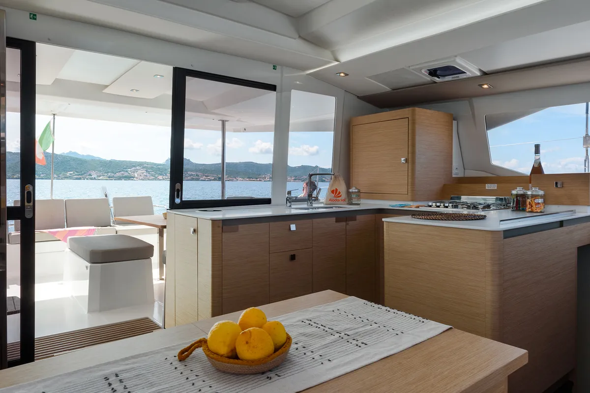 Galley of Amapola, a Fountaine Pajot Astrea 42 catamaran at Cannigione, Italy