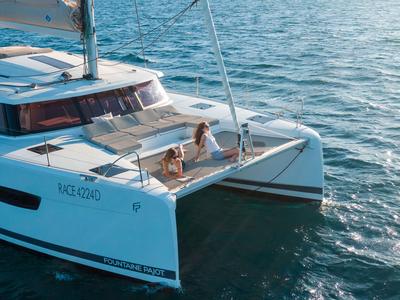 Deck of Amapola, a Fountaine Pajot Astrea 42 catamaran at Cannigione, Italy