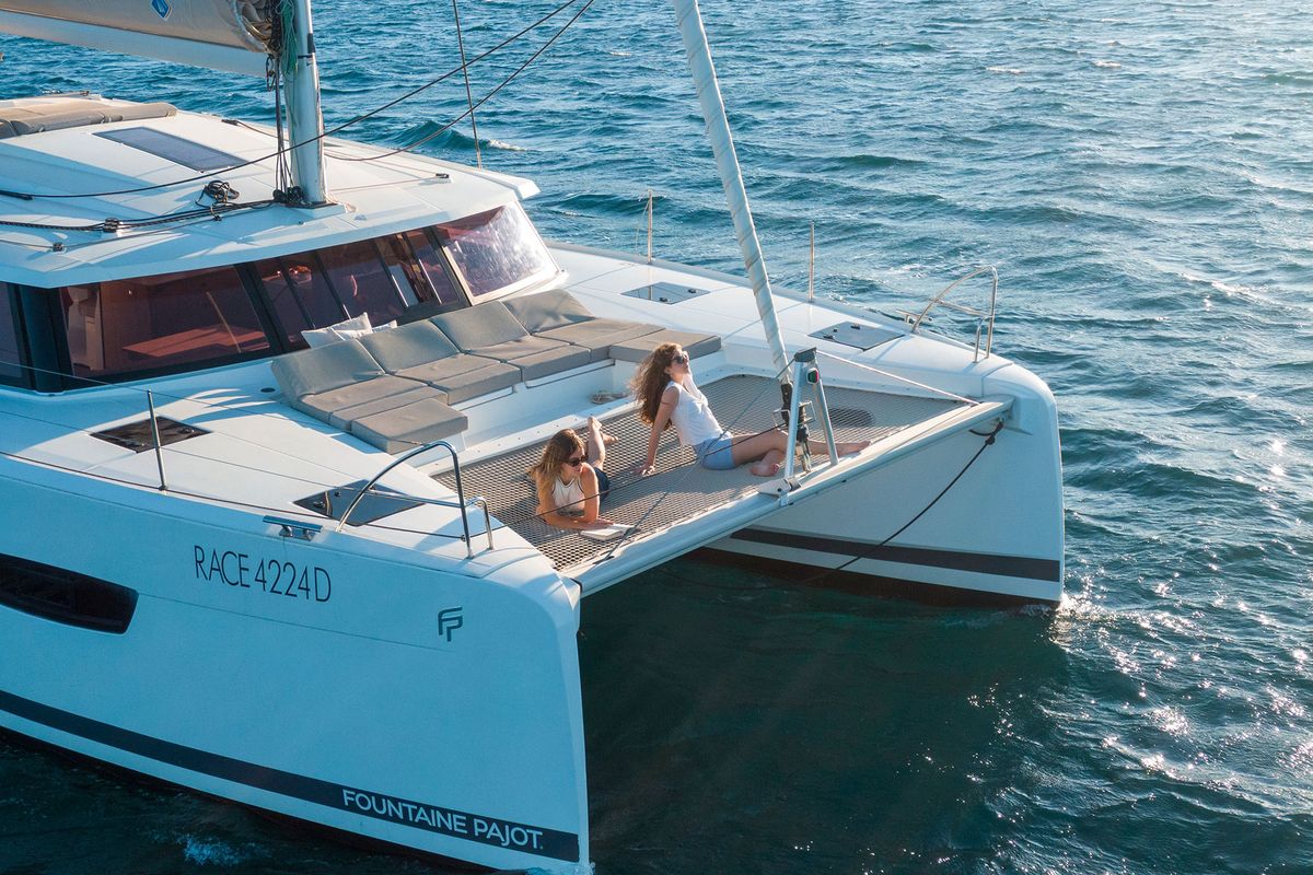 Deck of Amapola, a Fountaine Pajot Astrea 42 catamaran at Cannigione, Italy