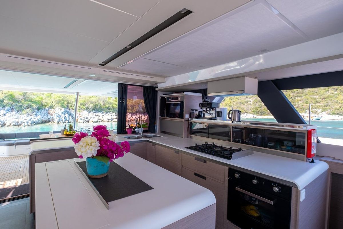 Galley of Mus 3, a Fountaine Pajot Alegria 67 catamaran at Bodrum, Turkey