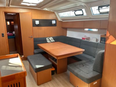 Salon of Suncity 5, a Bavaria Cruiser 46 sailboat at Fethiye, Turkey