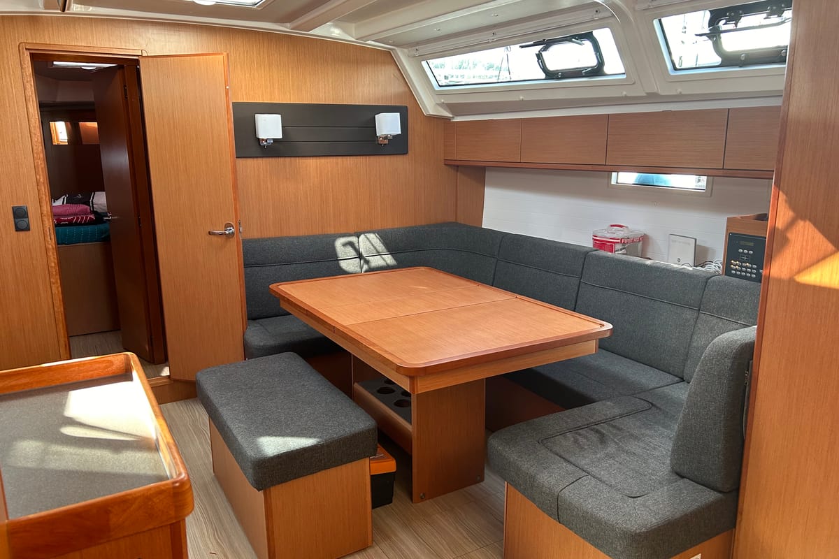 Salon of Suncity 5, a Bavaria Cruiser 46 sailboat at Fethiye, Turkey