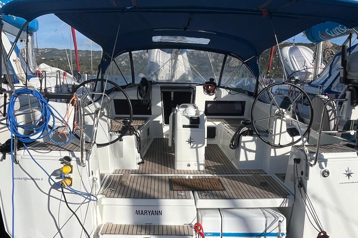 Cockpit of Maryann, a Jeanneau Sun Odyssey 440 sailboat at Cannigione, Italy