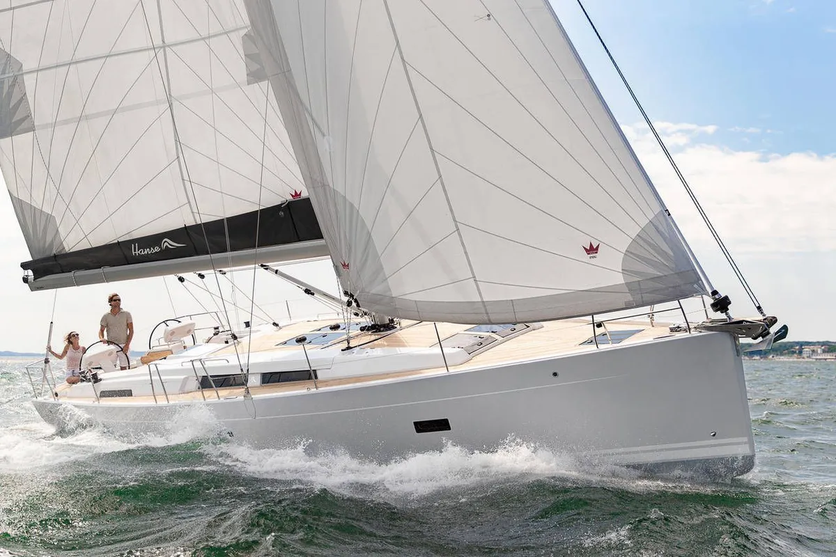 Exterior view of Sea Pearl, a Hanse Yachts Hanse 458 sailboat at Kos, Greece