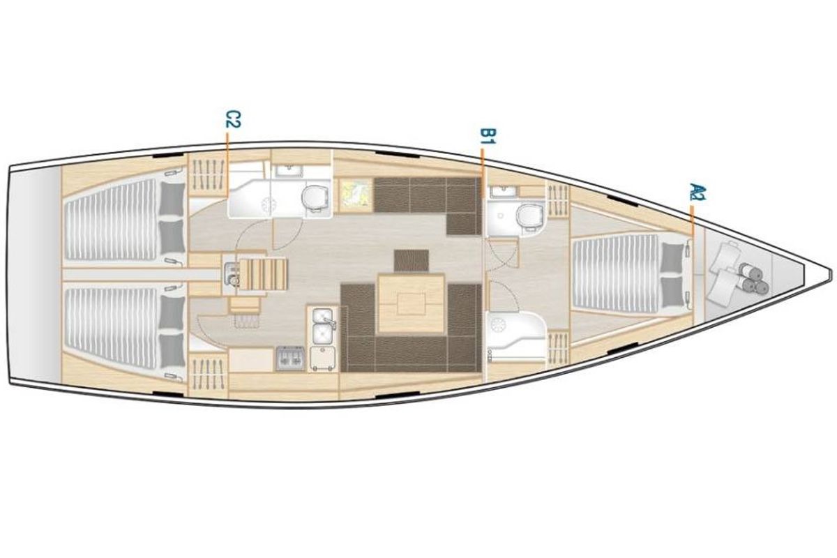 Floor plan of Sea Pearl, a Hanse Yachts Hanse 458 sailboat at Kos, Greece