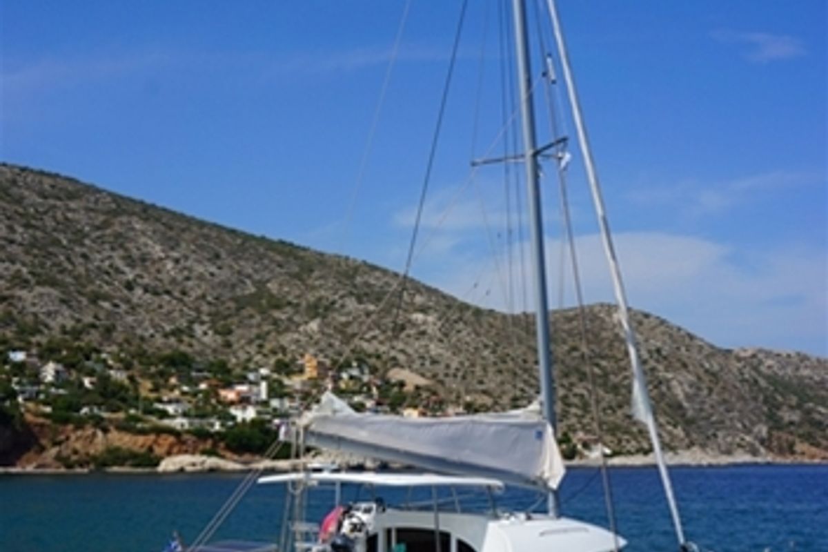 Exterior view of Dido, a Lagoon 380 S2 catamaran at Kontokali, Greece