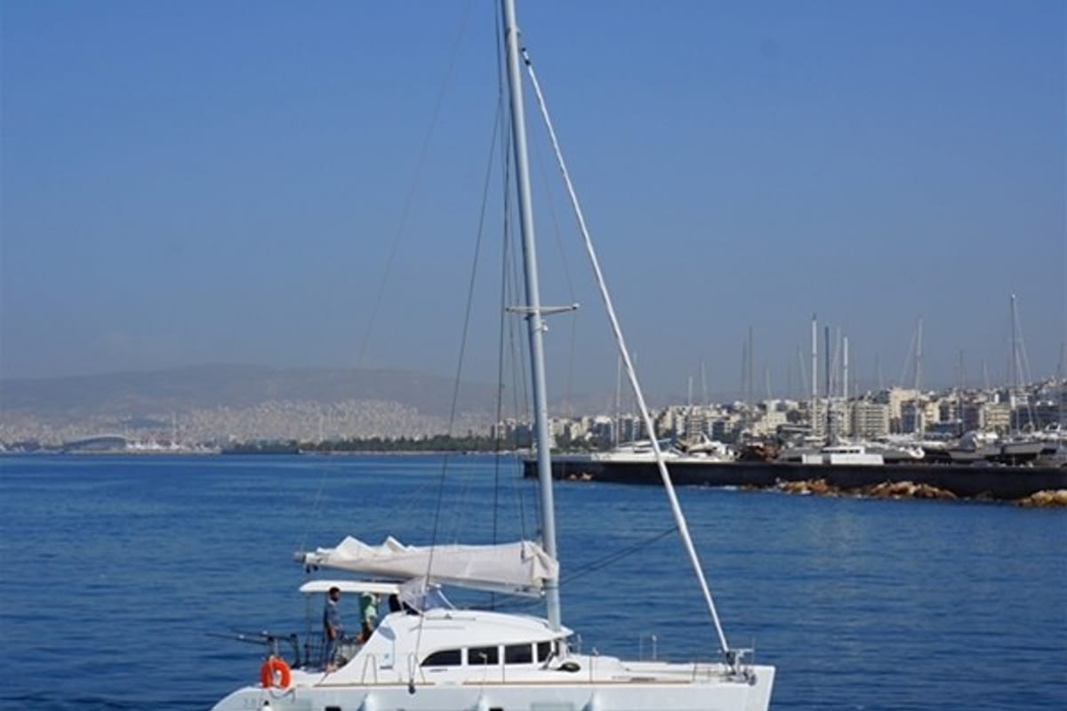 Exterior view of Dido, a Lagoon 380 S2 catamaran at Kontokali, Greece