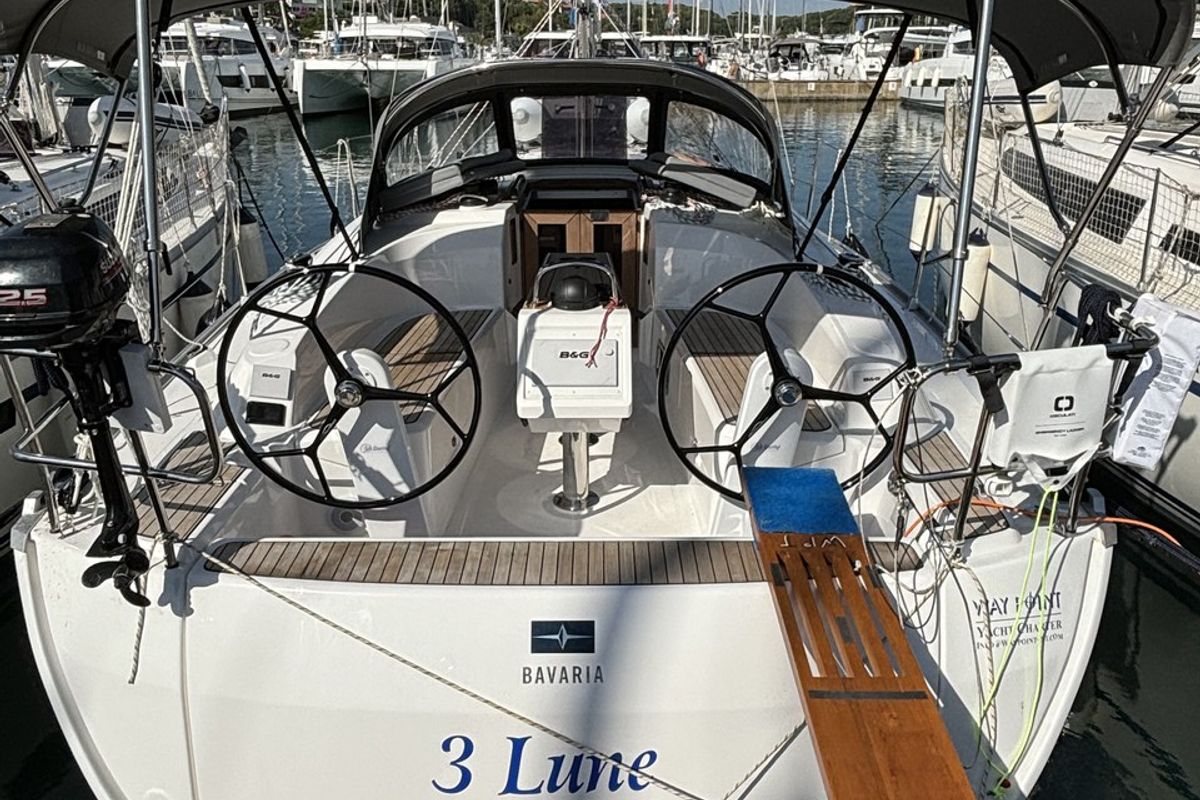 Cockpit of 3 Lune, a Bavaria Cruiser 34 sailboat at Grad Pula, Croatia