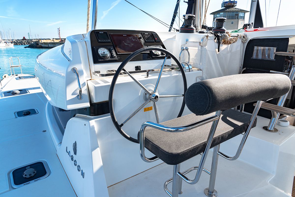 Cockpit of Beatrix, a Lagoon 42 catamaran at Cagliari, Italy