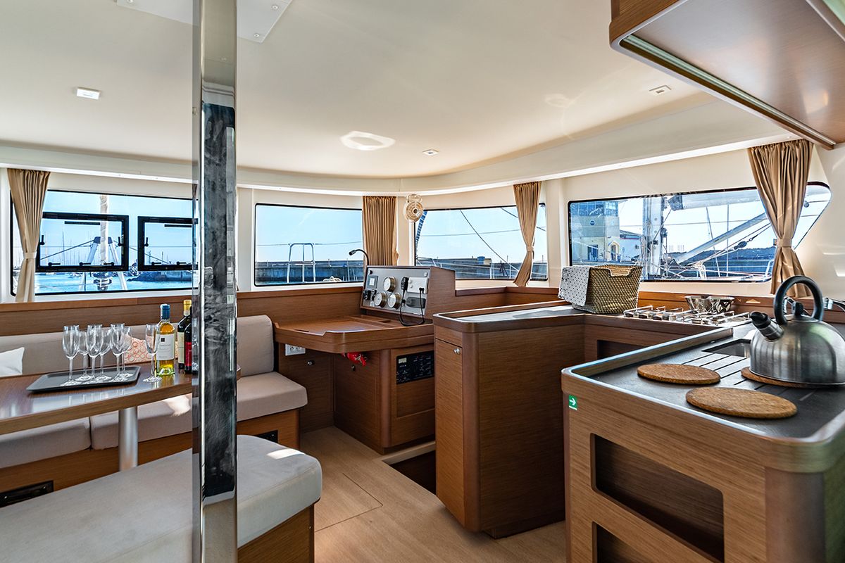 Salon of Beatrix, a Lagoon 42 catamaran at Cagliari, Italy