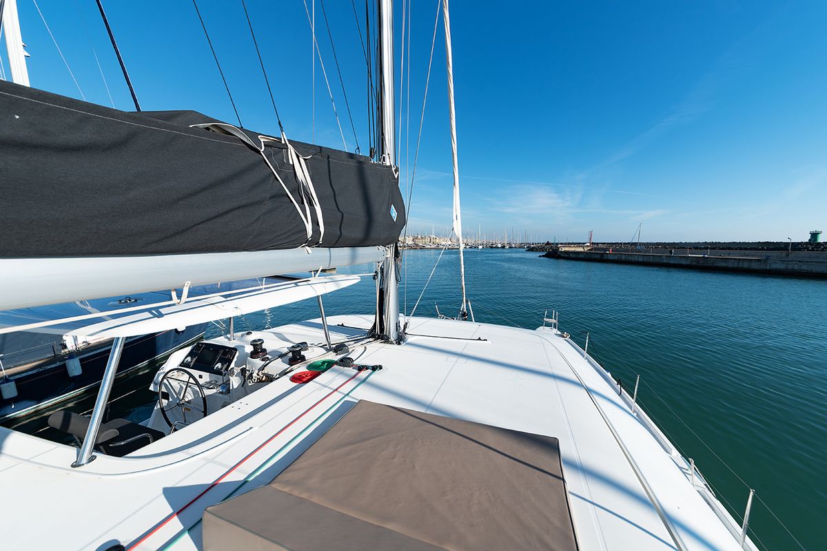 Deck of Beatrix, a Lagoon 42 catamaran at Cagliari, Italy