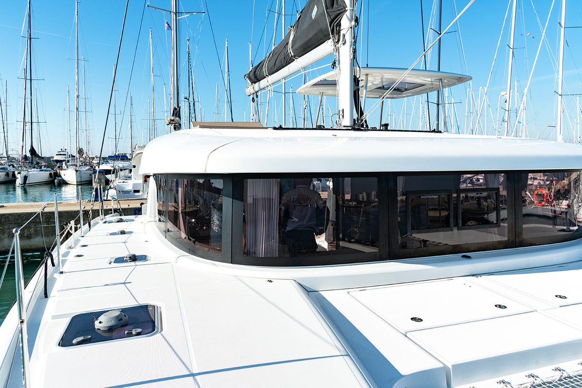 Exterior view of Beatrix, a Lagoon 42 catamaran at Cagliari, Italy