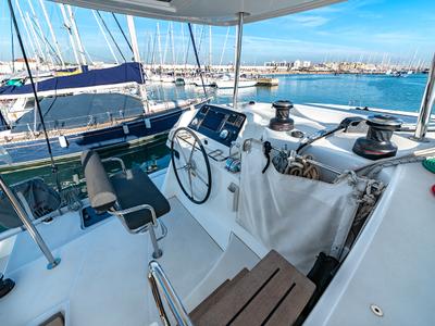 Cockpit of Beatrix, a Lagoon 42 catamaran at Cagliari, Italy