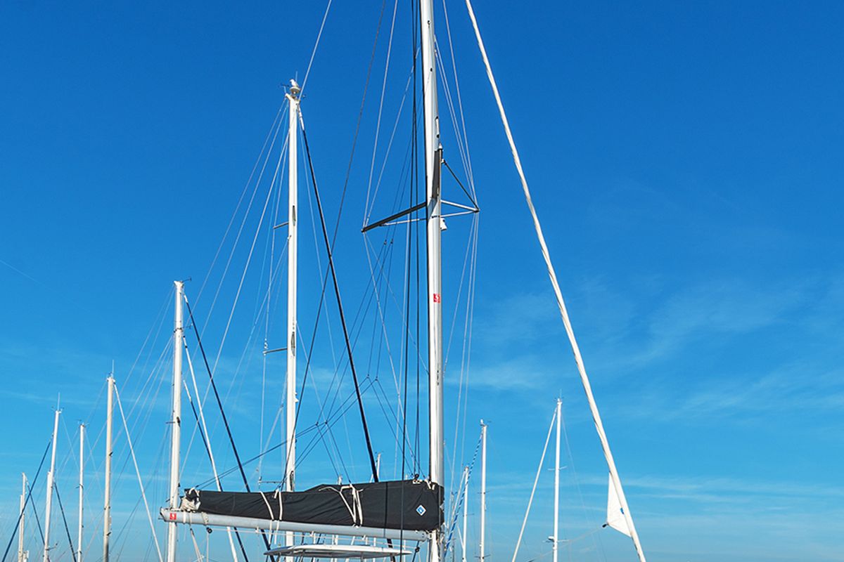 Exterior view of Beatrix, a Lagoon 42 catamaran at Cagliari, Italy