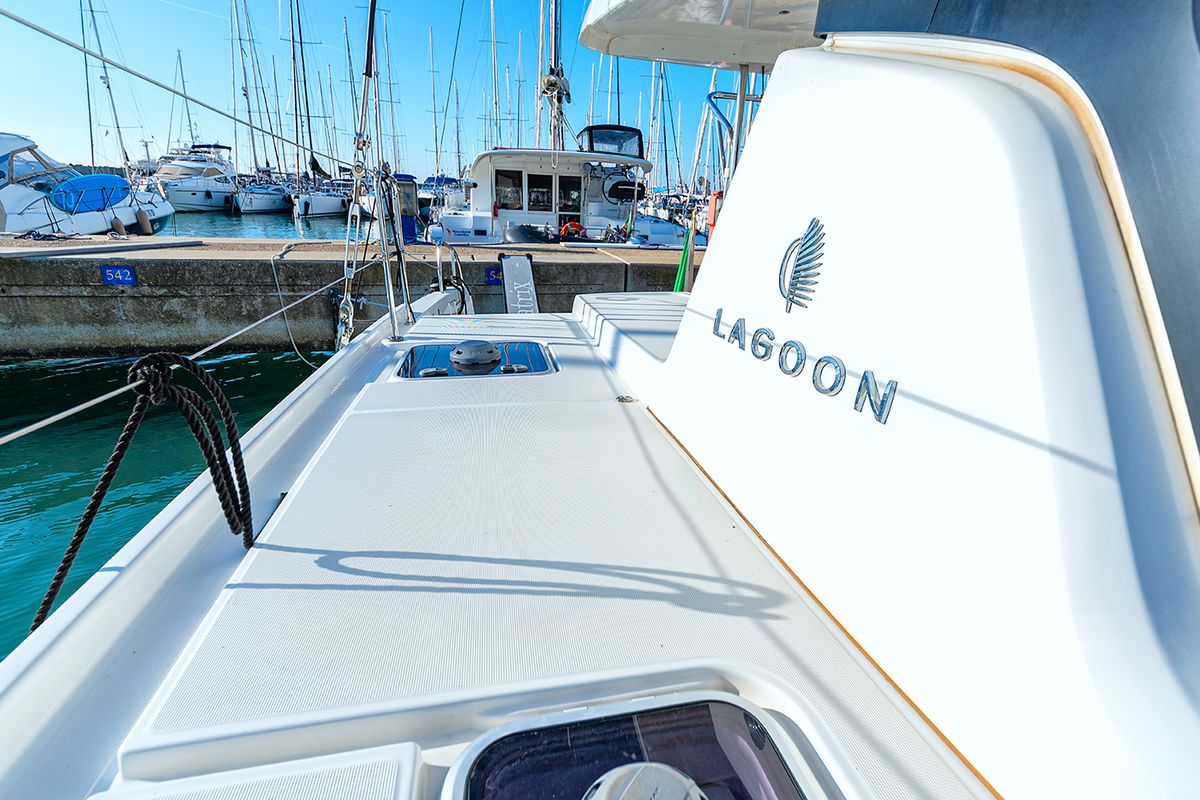 Exterior view of Beatrix, a Lagoon 42 catamaran at Cagliari, Italy
