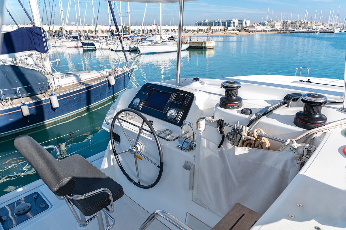 Cockpit of Beatrix, a Lagoon 42 catamaran at Cagliari, Italy