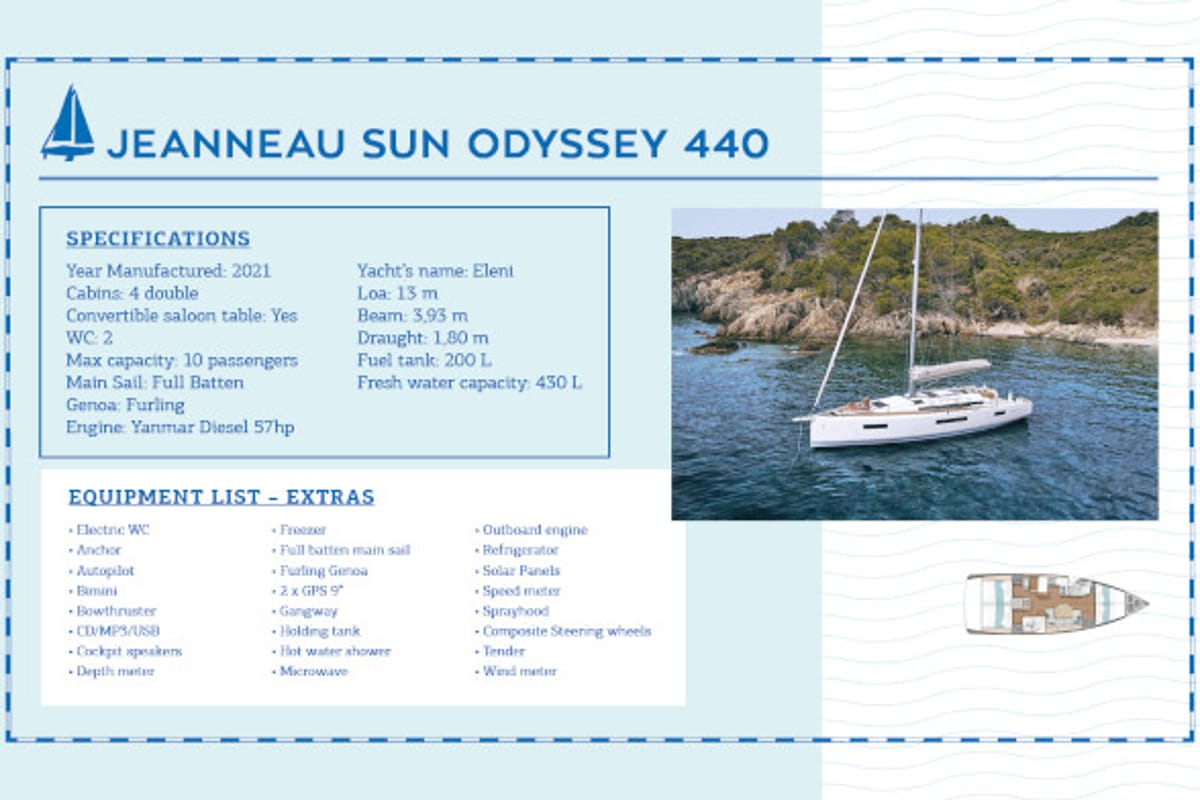 Eleni, a Jeanneau Sun Odyssey 440 sailboat at Sithonia Municipal Unit, Greece