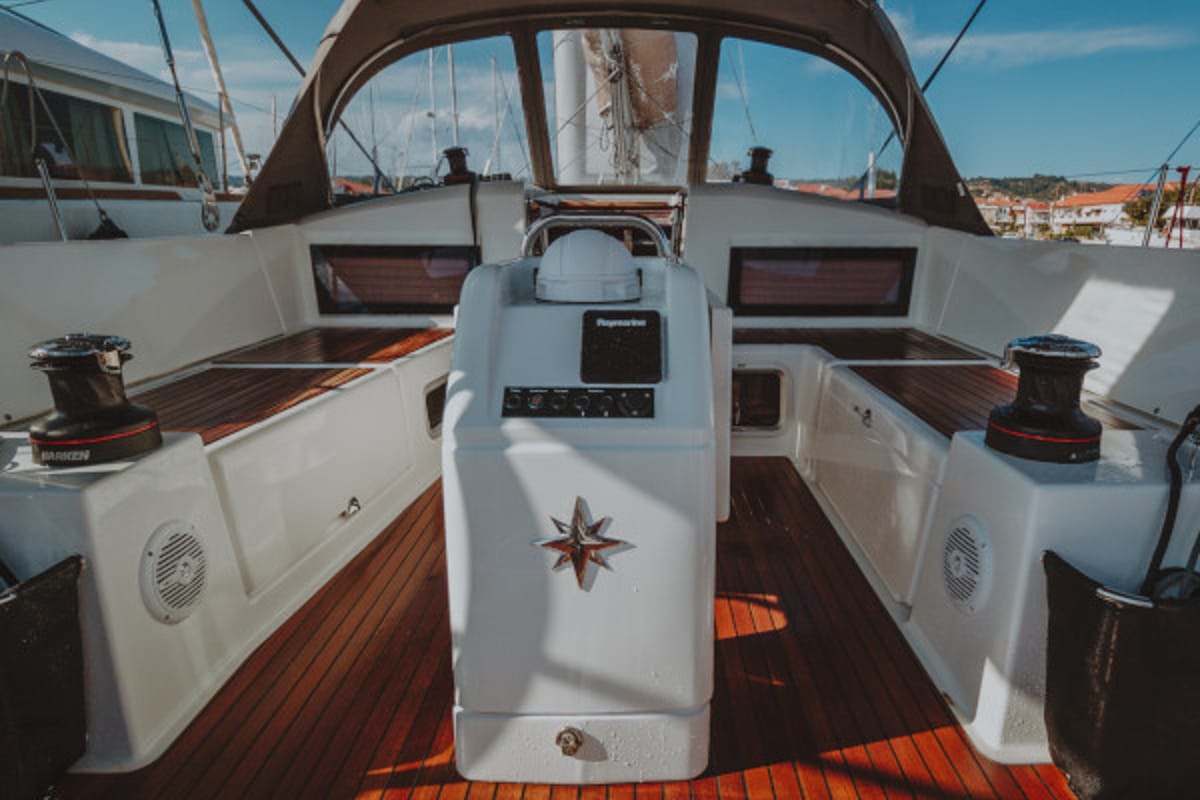 Cockpit of Eleni, a Jeanneau Sun Odyssey 440 sailboat at Sithonia Municipal Unit, Greece