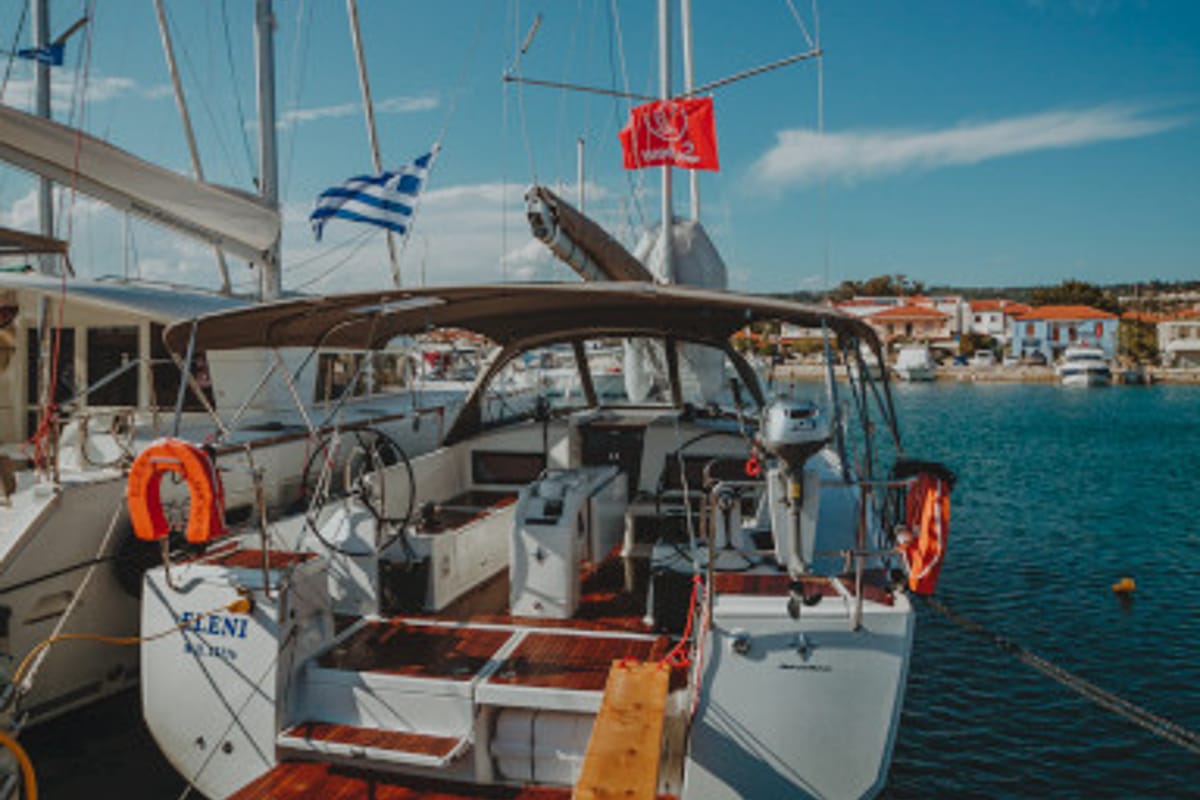 Exterior view of Eleni, a Jeanneau Sun Odyssey 440 sailboat at Sithonia Municipal Unit, Greece