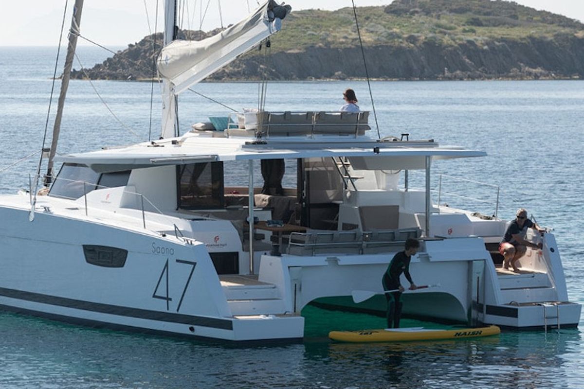 Exterior view of HERMES, a Fountaine Pajot Saona 47 catamaran at Grad Kaštela, Croatia